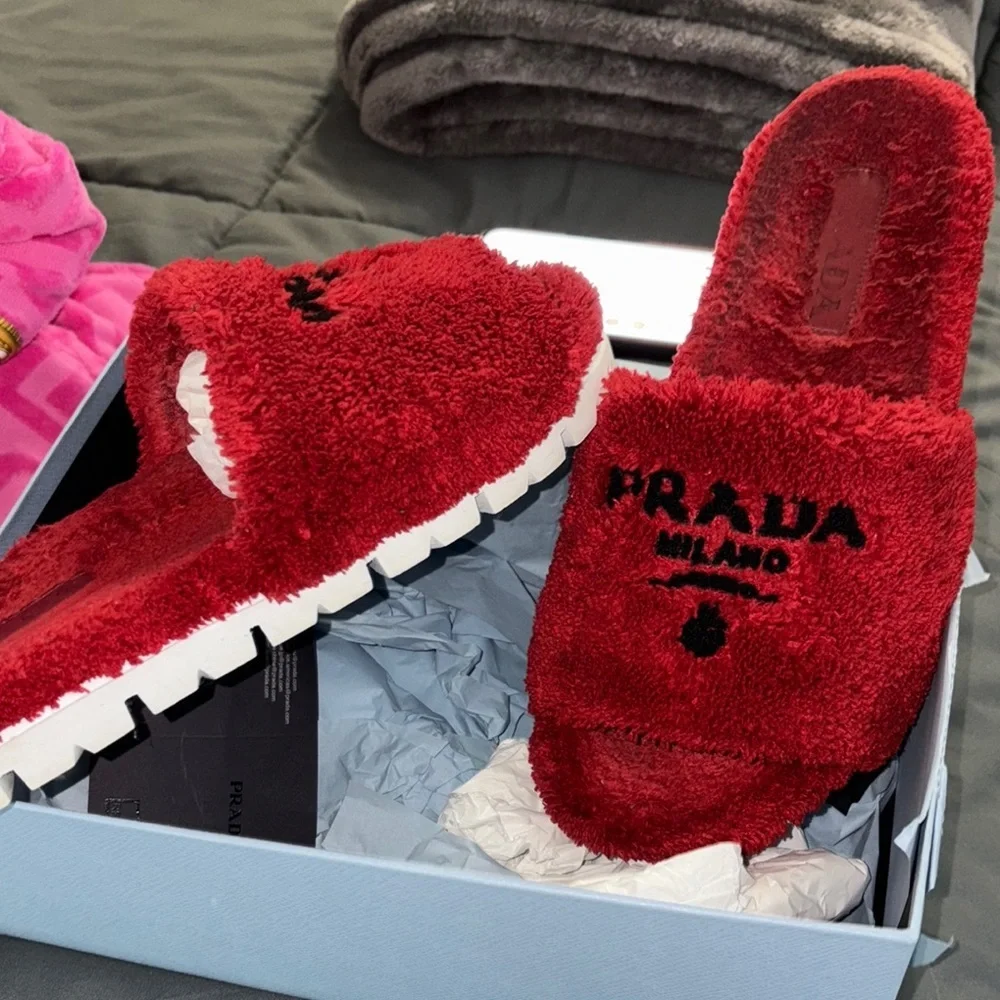 Prada Red Fuzzy Slide Sandals - Picture 6 of 9